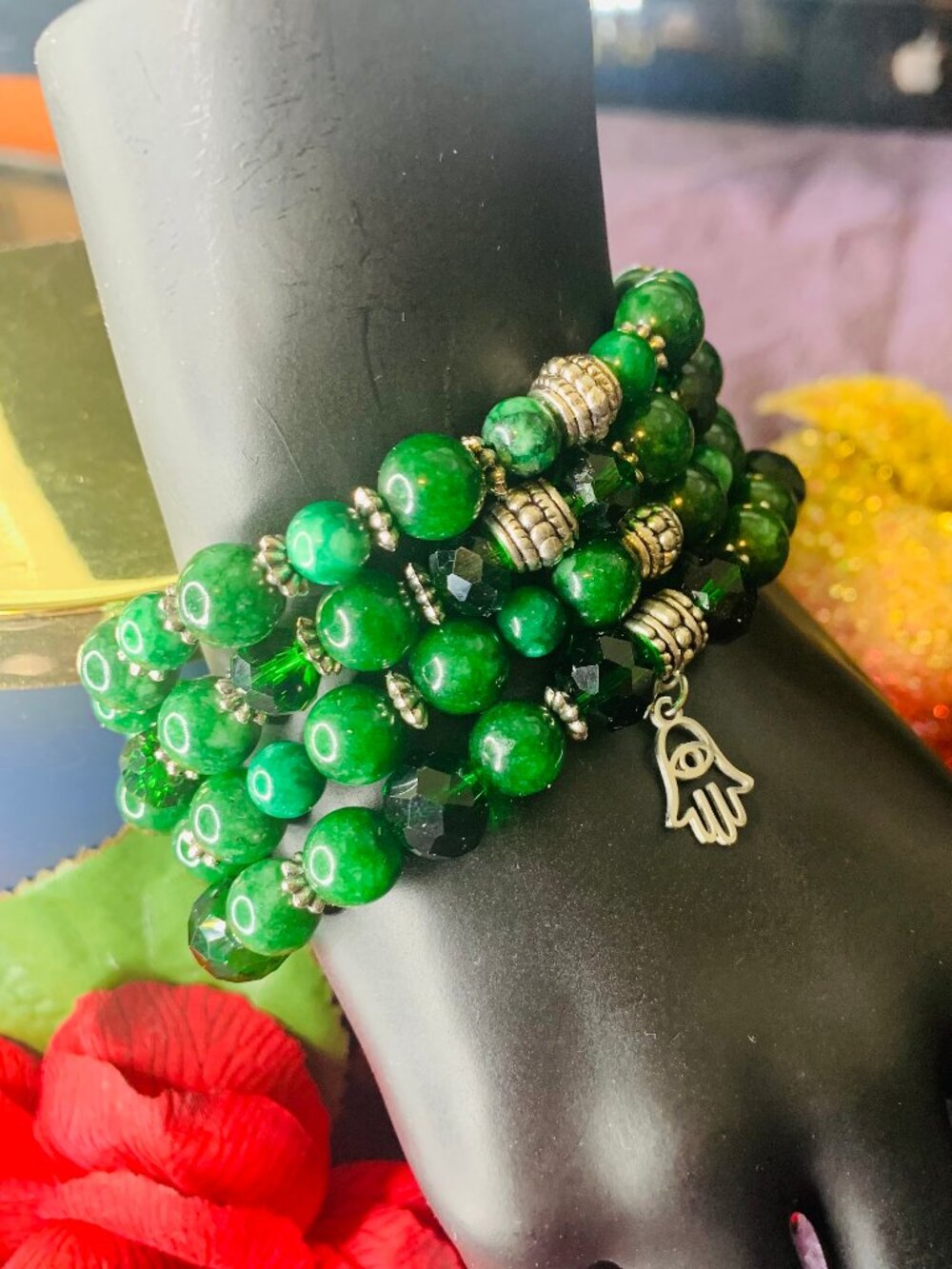One-Of-A-Kind Evil Eye Charm, Green Jasper, Jade, Glass & Pewter Bracelet Set